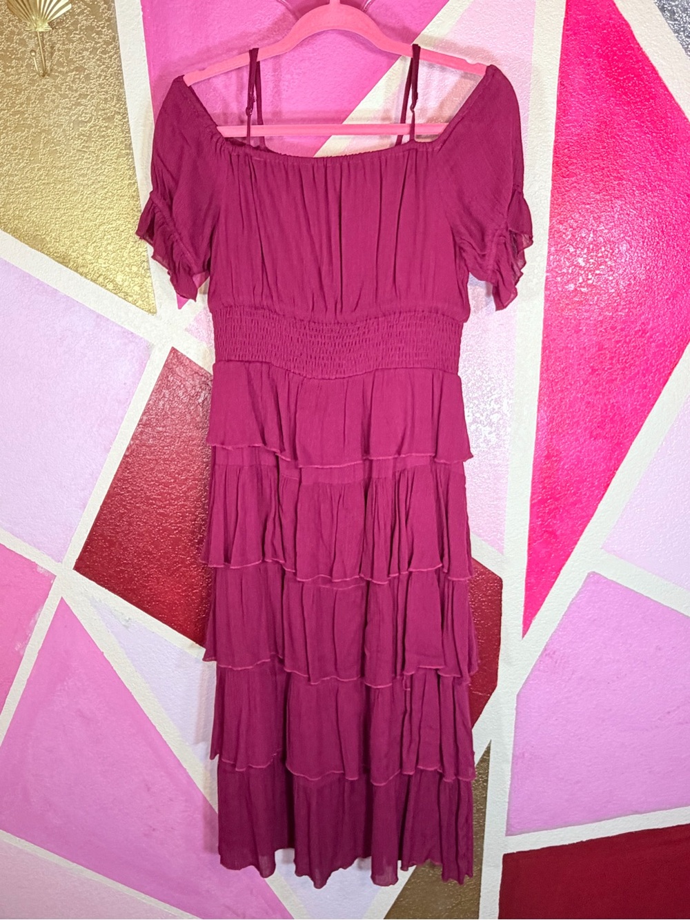 Listicle Berry Tiered Ruffle Off Shoulder Smocked Waist Midi Dress S
